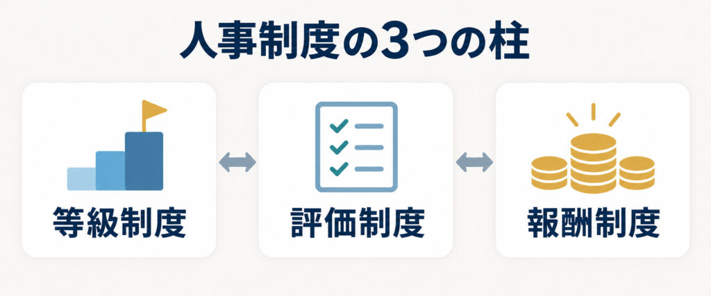 等級制度・評価制度・報酬制度からなる人事制度の3つの柱