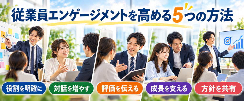 従業員エンゲージメントを高める5つの方法。役割の明確化、対話、評価、成長支援、方針共有