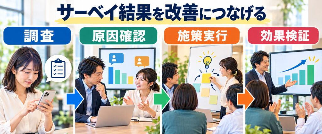 improvement-steps.pngサーベイ結果を職場の改善につなげる流れ。調査、原因確認、施策実行、効果検証