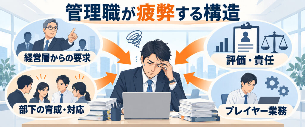 上司・部下・プレイヤー業務・評価責任に挟まれて疲弊する管理職の構造