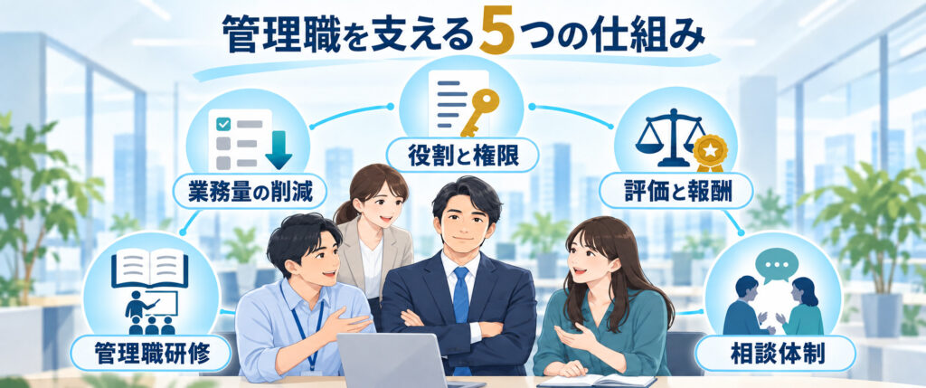 割と権限・業務削減・評価と報酬・研修・相談体制で管理職を支える仕組み