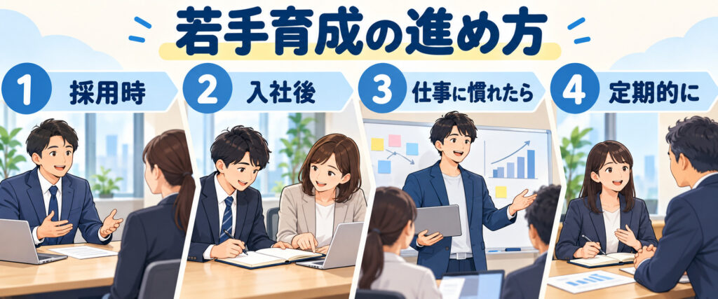 若手社員の育成を採用時、入社後、仕事に慣れた後、定期的な振り返りの順に進める図