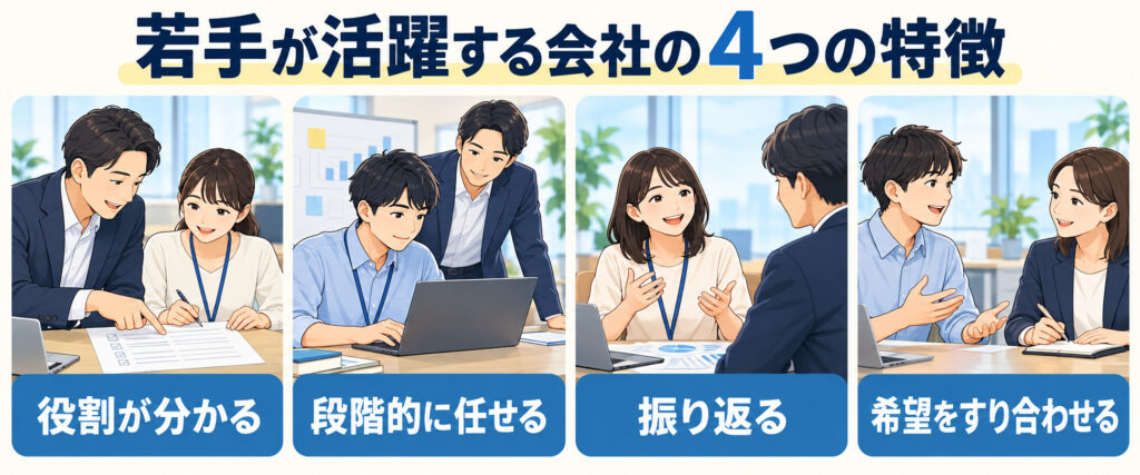 若手社員が活躍する会社の4つの特徴。役割の明確化、段階的な仕事の任せ方、振り返り、本人の希望とのすり合わせ