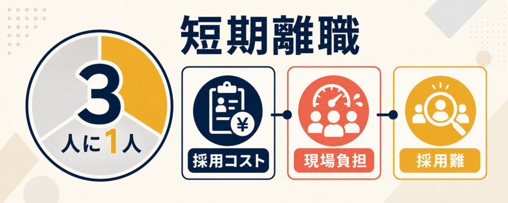 短期離職により採用コスト、既存社員の負担、採用難が生じることを示した図