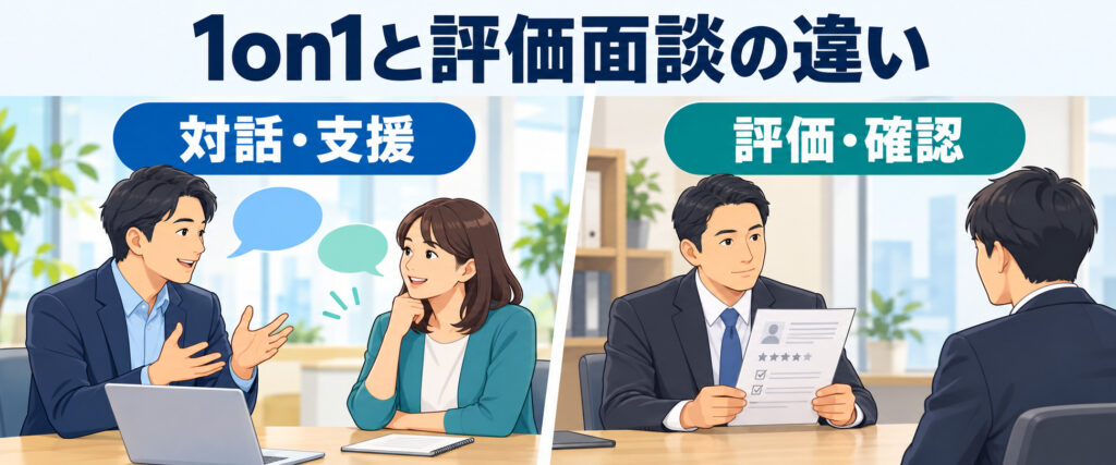 1on1の対話・支援と人事評価面談の評価・確認を比較したイラスト