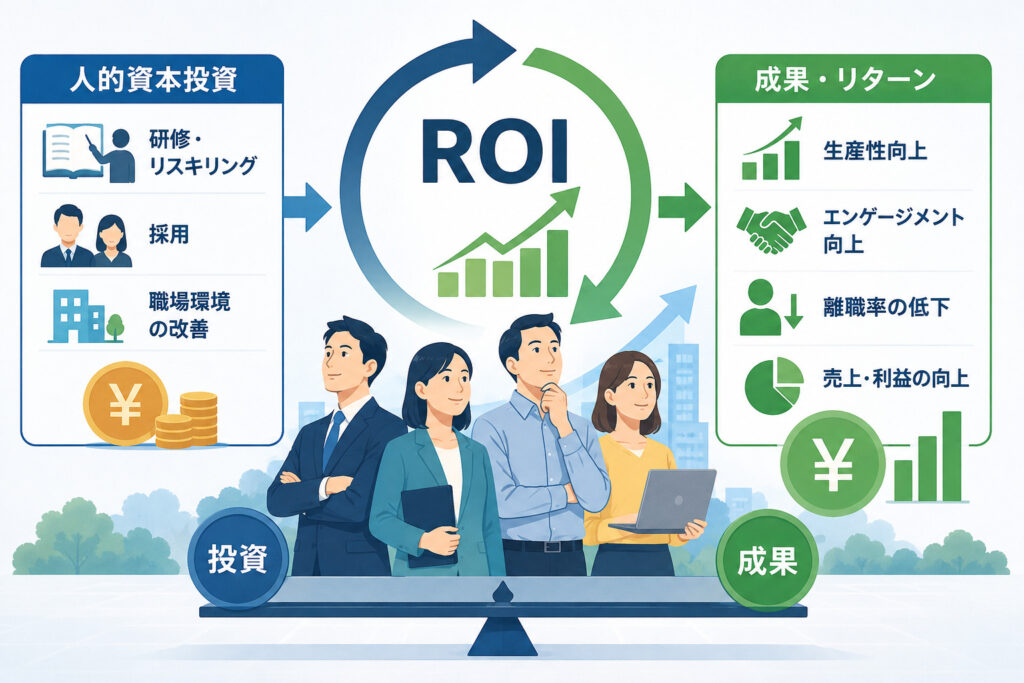 人的資本投資の費用対効果（ROI）と生産性・エンゲージメント・離職率・売上への影響を示した図