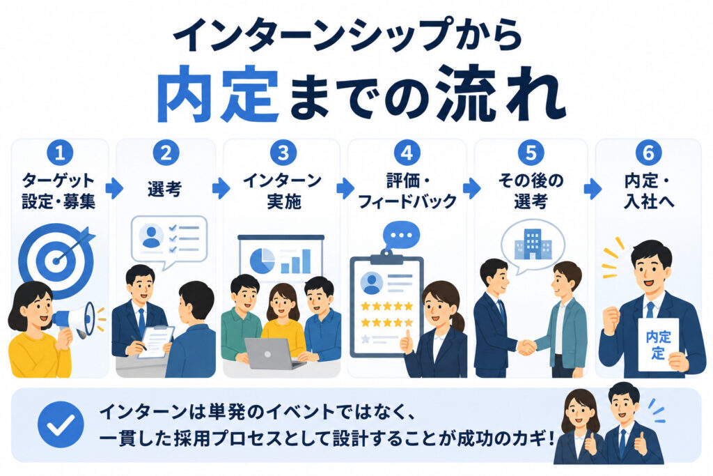 インターンシップの募集から選考・実施・評価・内定までの流れを示した図