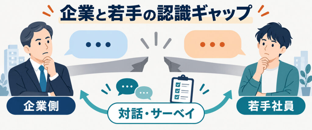 企業と若手社員の認識ギャップを対話とサーベイで埋める図