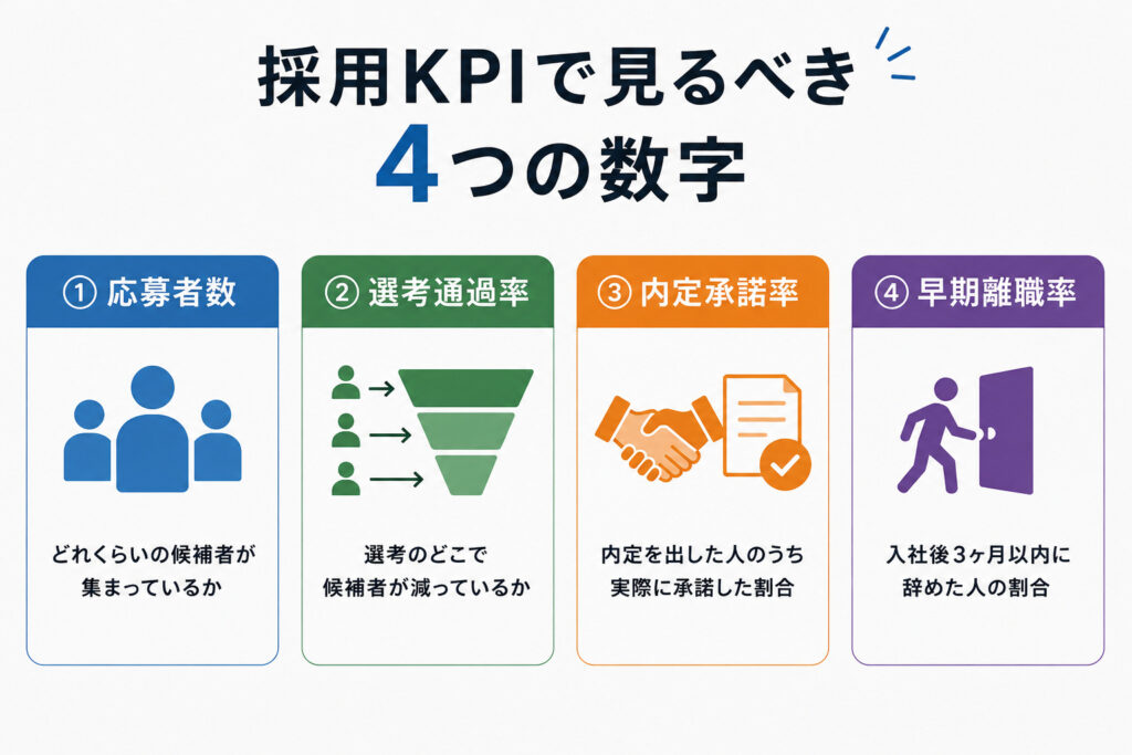 採用KPIで見るべき応募者数・選考通過率・内定承諾率・早期離職率の4つの指標