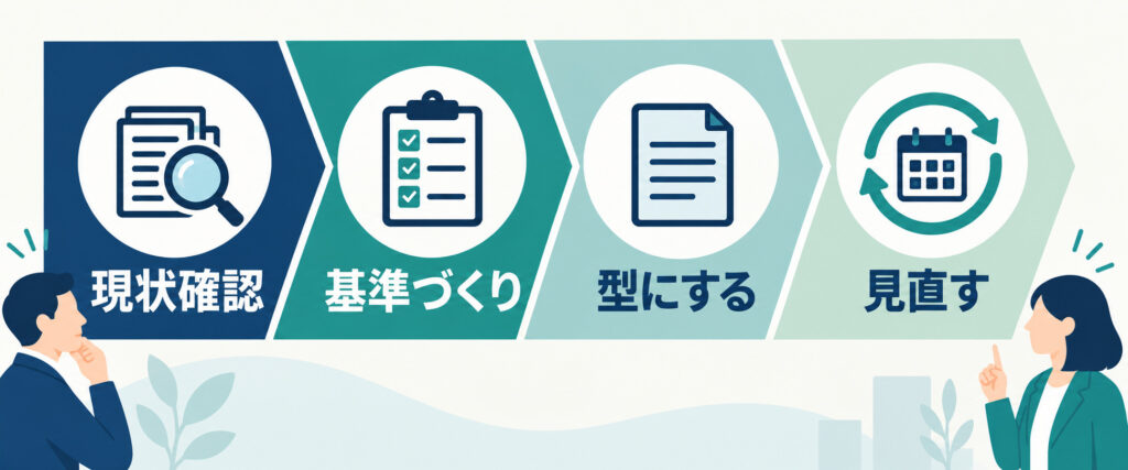 人事を内製化する手順。現状確認、基準づくり、型にする、見直す