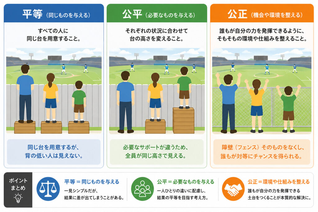 平等・公平・公正の違いを比較した図