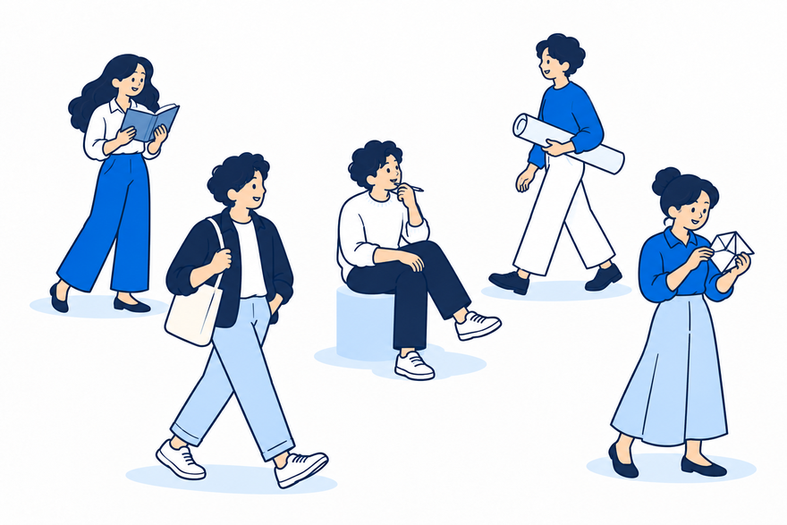 読む、歩く、考える、手を動かす、それぞれの活動をする人々