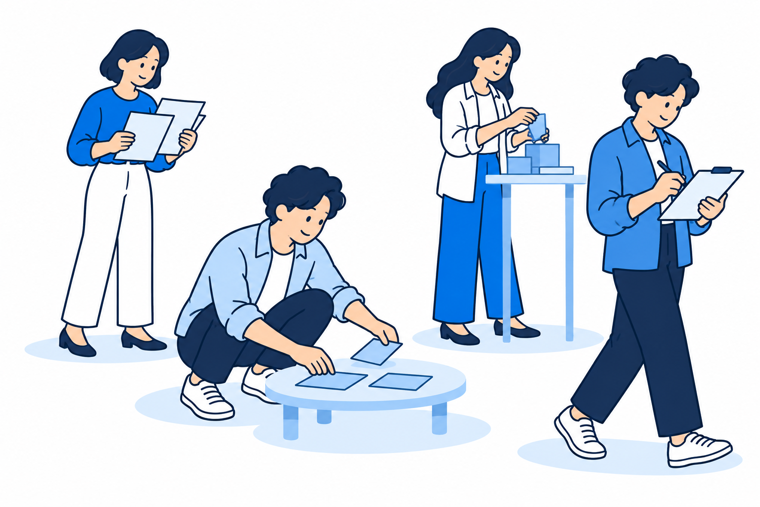 事業と顧客の資料を確かめ、仕事を組み立て、現場で試し、結果を記録する人々