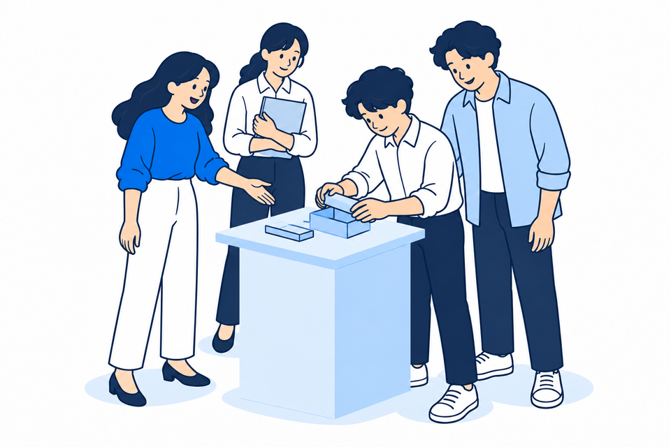 一緒に仕組みづくりに取り組む人々のイラスト