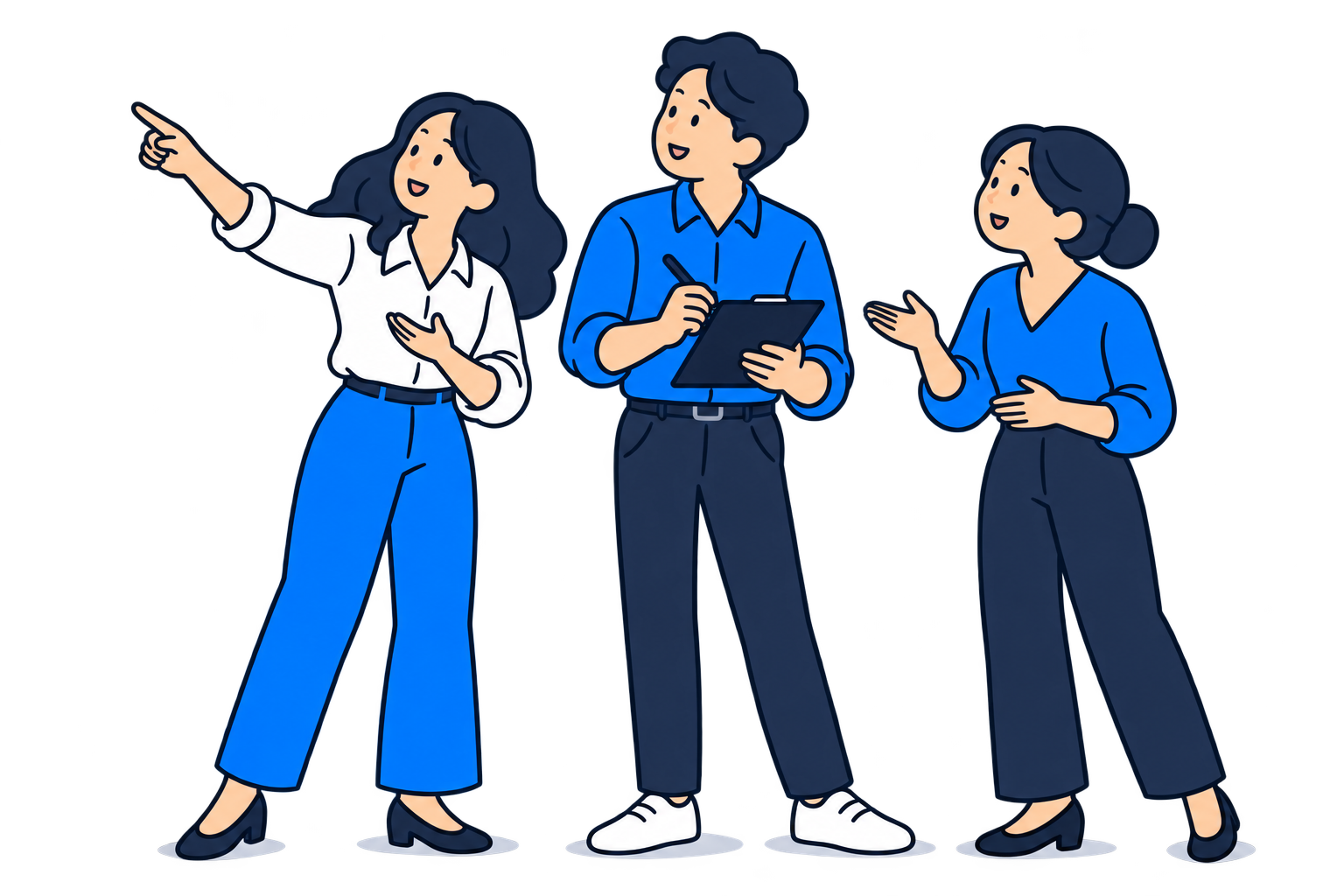 画面を指し、メモを取りながら相談する3人の小さな人物